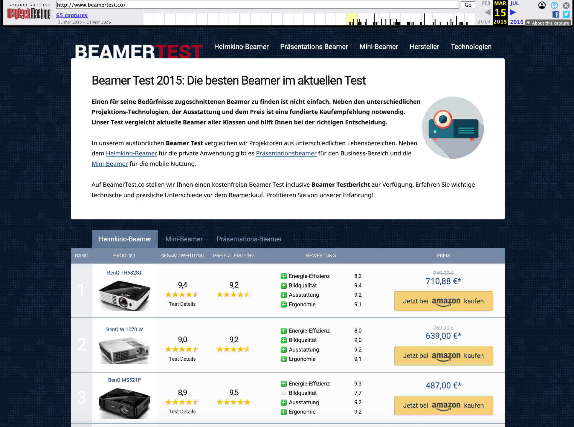 Unsere erste Webseite beamer-test.de – Archive.org Zeitstempel 2015